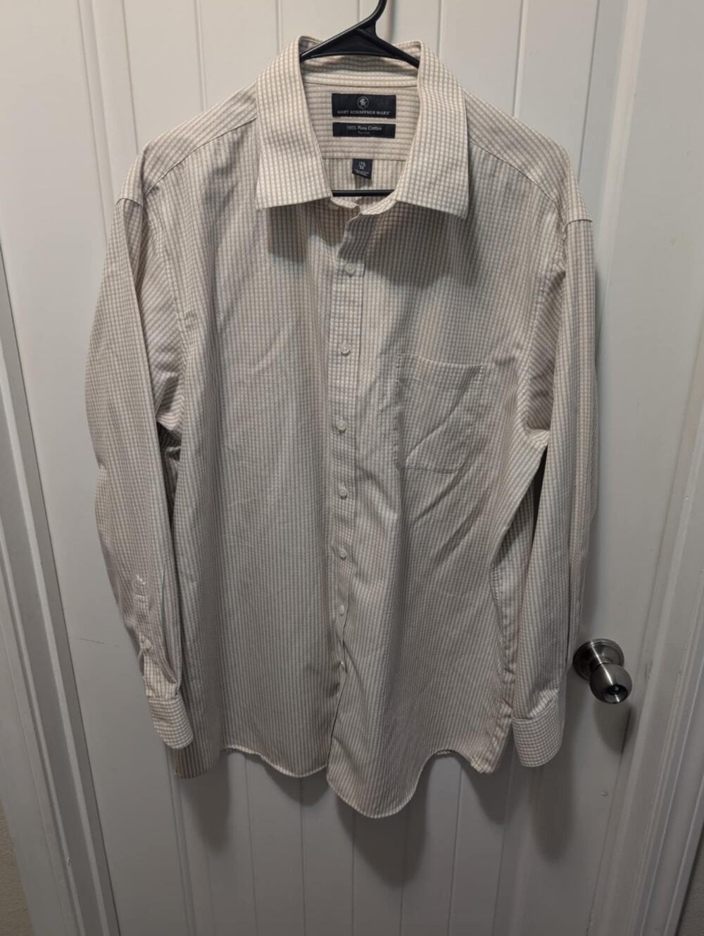 HART SCHAFFNER MARX NON-IRON Men's Shirt Size 17.5/34 Tan Plaid White